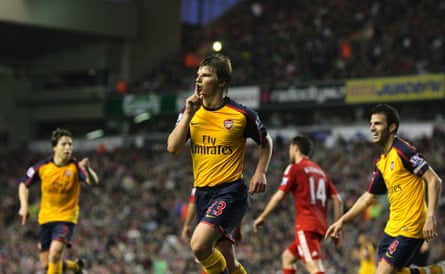 Andrey Arshavin celebrates after scoring the first of four goals in Arsenal’s 4-4 draw at Anfield in 2009