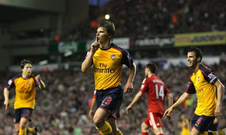 Andrey Arshavin celebrates after scoring the first of his four goals for Arsenal against Liverpool at Anfield in 2009.