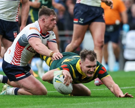 Angus Crichton goes over for Australia’s third try against England at Wembley