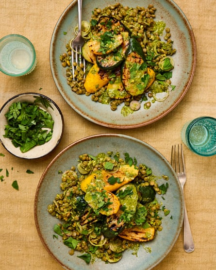 Thomasina Miers’ grilled courgette salad with green lentils watercress and green pistachio macha.
