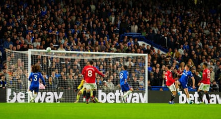 Chelsea’s Liam Delap heads against the crossbar.