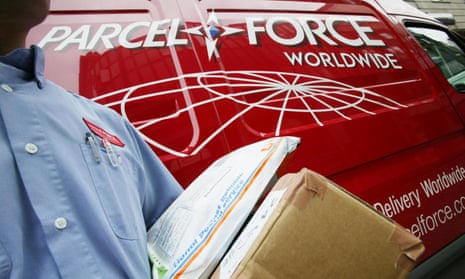 a Royal Mail postman delivers parcels