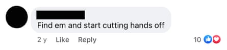 A screenshot from a conversation on a WA community Facebook group which says ‘find em and start cutting hands off’