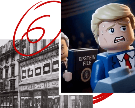 An old black-and-white photo of a department store building with a Lego-style cartoon image inset, showing Donald Trump sweating in front of a figure holding a binder that reads ‘Epstein file’