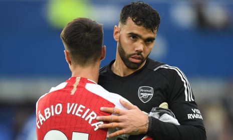 Arsenal’s Fábio Vieira and David Raya after the club’s 1-0 win at Everton