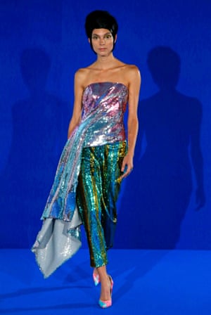 A model on the catwalk in the Halpern show, London Fashion Week 2018.