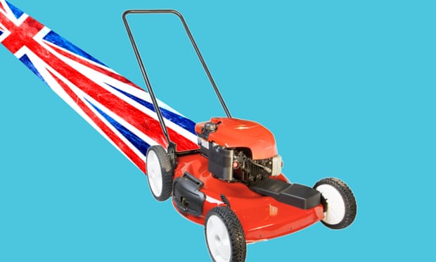 Red lawnmower with British Flag as mown stripe