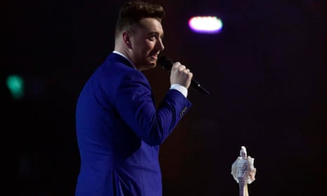 Sam Smith accepting the award for British breakthrough act at the 2015 Brit awards.