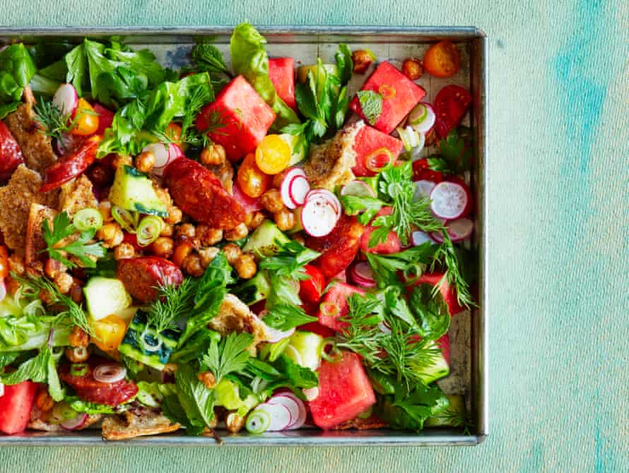 Watermelon, chorizo and crisp chickpea salad