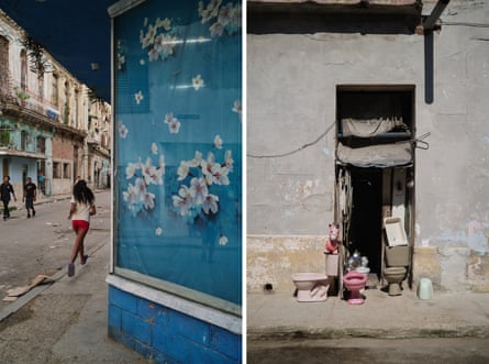 a girl walks past a shop window; toilets appear to be for sale in a doorway