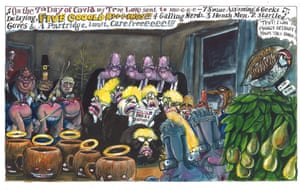 Martin Rowson cartoon 23.12.2021: Tories and fur cups re-enact the 12 days of Christmas
