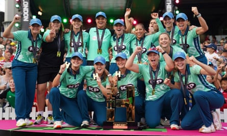 Oval Invincibles celebrate victory against Southern Brave in the women’s Hundred in 2022.