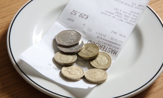 pound coins on a plate as a tip to a waiter