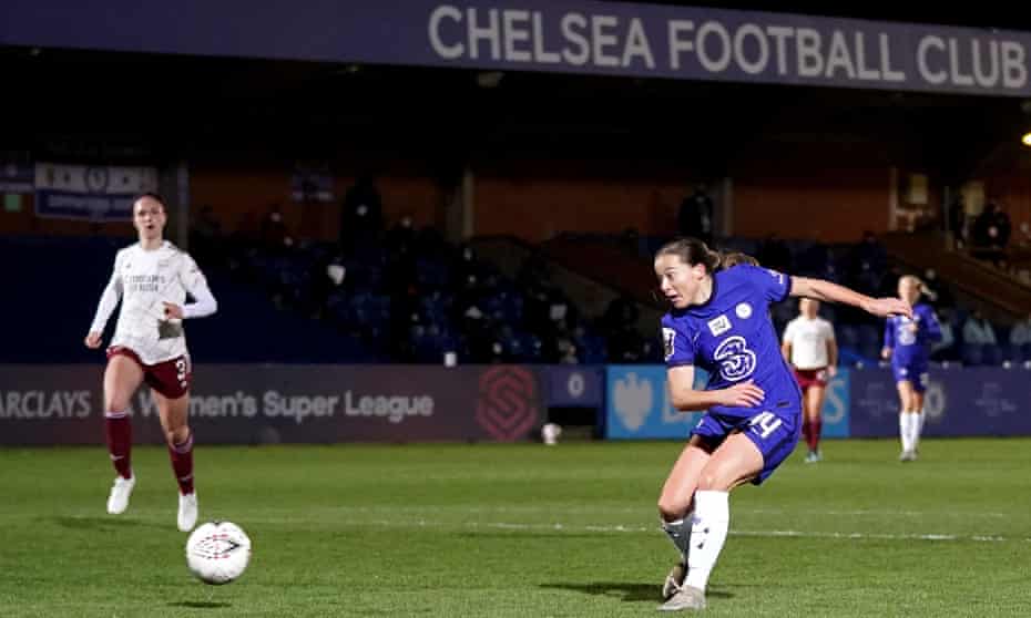 Fran Kirby fires home the final goal of Chelsea’s 3-0 win over Arsenal this month.