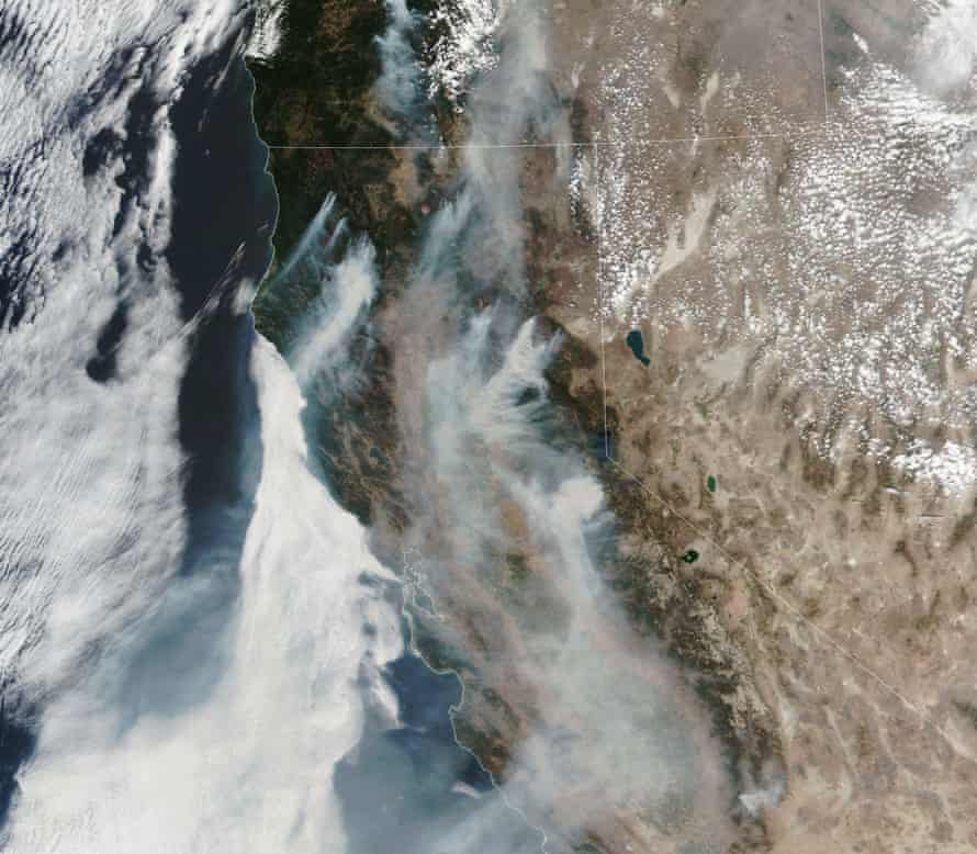 A satellite image of fires raging in California in August.