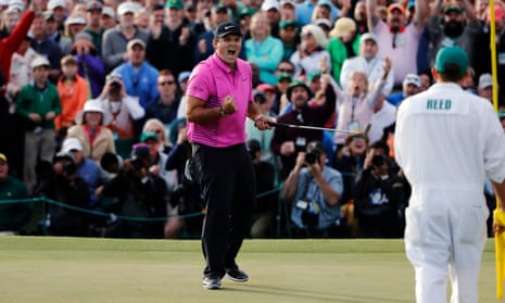 Patrick Reed celebrates after holing his final putt to win the Masters.