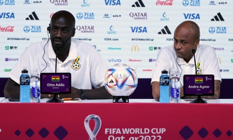 Otto Addo (left) and Andre Ayew spoke to the press at the Qatar National Convention Center yesterday.