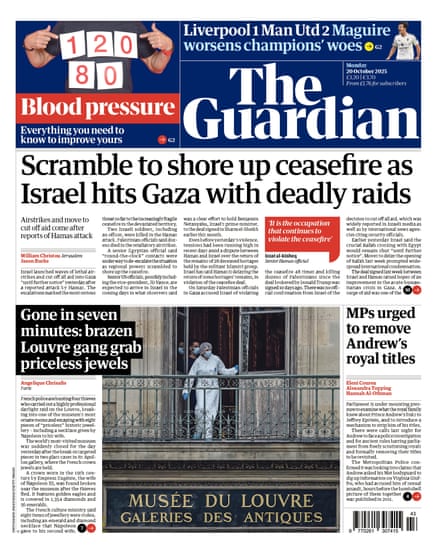 Guardian front page, Monday 20 October 2025