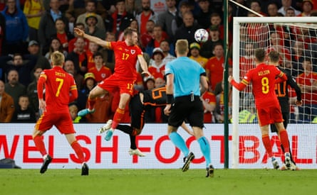 Rhys Norrington-Davies scores a header for Wales against the Netherlands