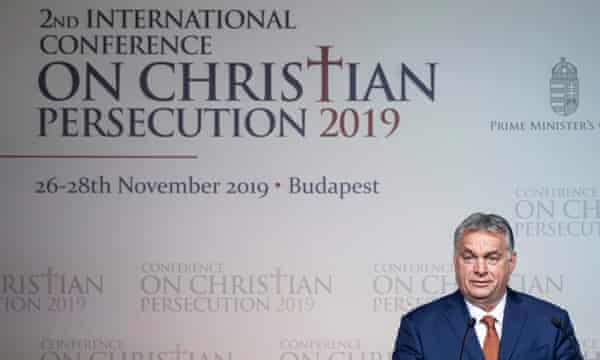 Viktor Orbán at a conference on persecuted Christians in Budapest. He is a proponent of the far-right conspiracy theory of the ‘Great Replacement’.
