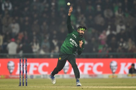 Usman Tariq bowls in a T20 against Australia in January.