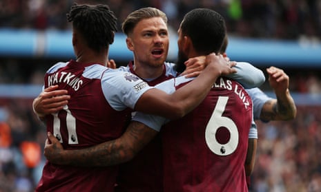 Ollie Watkins (left) celebrates his opener against Brighton with Matty Cash (centre) and Dougas Luiz. The Aston Villa striker went on to score a second, his sixth goal against Brighton in five consecutive games between the sides.