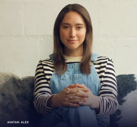 An image of a young woman, Avatar Alex, with long brown hair; she sits smiling on a sofa with her hands clasped over her knees and wears a black and white striped top and pale denim dungarees.