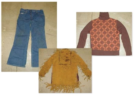 images of three pieces of clothing - pants, buckskin jacket and sleeveless patterned shirt