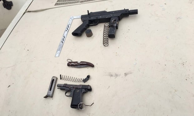 Two weapons seized after an attack on Israeli soldiers on Monday at the entrance to the Israeli settlement at Kiryat Arba. The machine pistol (above) is the variant of the homemade ‘Carl Gustav’ submachine gun.