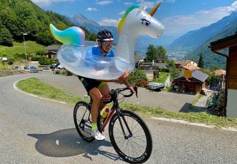 Swiss cycling guide Christian Paul borrows a float-toy from a chalet on the hill loop which will be used on the 2020 world road championships in September.