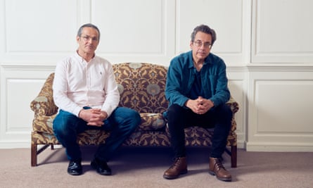 Guardian writer George Monbiot (on right) sitting alongside artist and conspiracy theorist Jason Liosatos at Dartington House in Devon, March 2024
