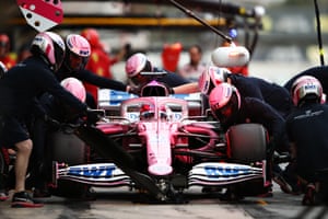 Sergio Pérez makes a pitstop in his Racing Point RP20 during a testing session at Barcelona in February
