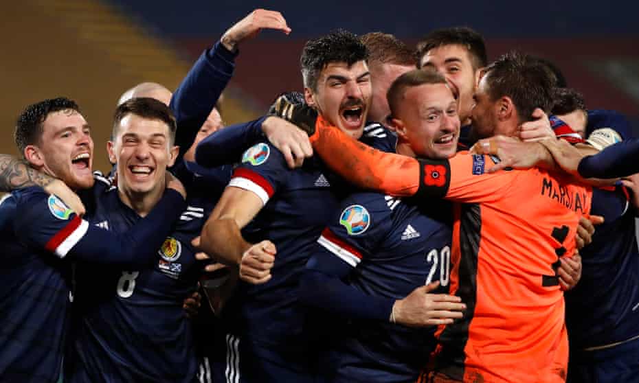 Scotland celebrate after qualifying for Euro 2020 by beating Serbia on penalties