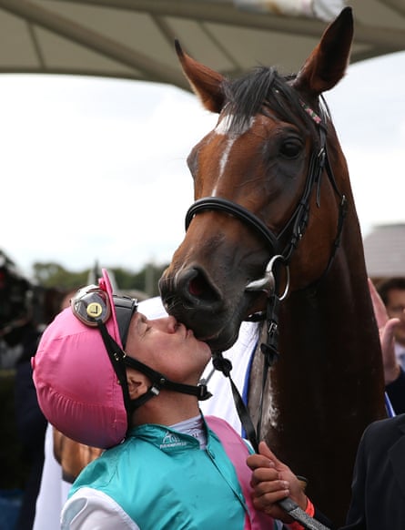 Frankie Dettori embraces Enable after winning the Darley Yorkshire Oaks in 2019