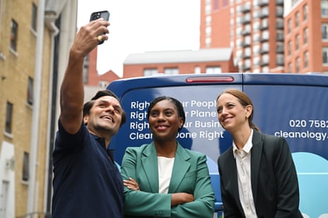 Kemi Badenoch (centre) and shadow work and pensions secretary Helen Whately (right) posing for a picture on a visit to Cleanology in London today.