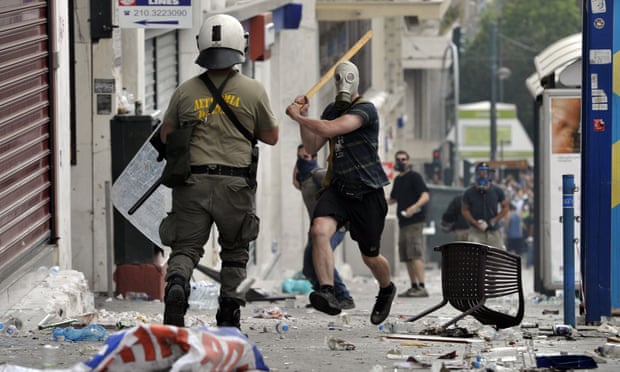 2011: Protesters clashing with riot police in Greece during the post-crash financial crisis.