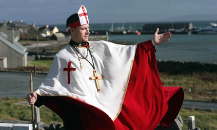 A fan dressed as a bishop at Father Ted Festival hosted on the Aran Islands.