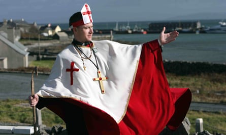 A man dressed up as a bishop takes part in an event at Tedfest, the annual celebration of the TV comedy Father Ted, on Inishmore, Ireland.