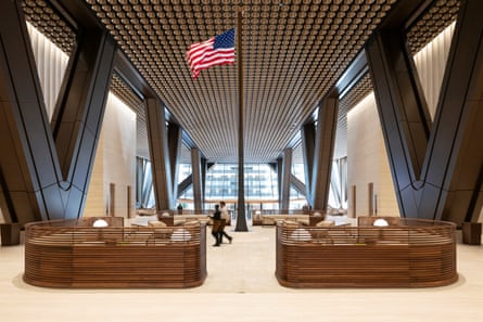 Surreal twist … the lobby flag that blows in an artificial breeze.