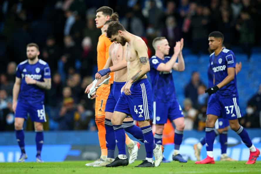 Marcelo Bielsa fights on amid rising challenges to his Leeds cycle | Leeds United 2 Leeds players after the 7-0 hammering at Manchester City.