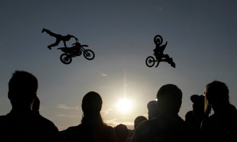 A general shot of freestyle motocross riders.