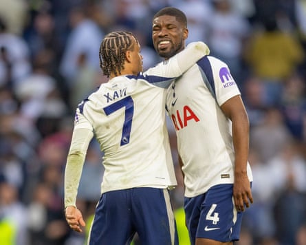 Xavi Simons consoles Kevin Danso at full time after Tottenham’s 2-2 draw with Brighton.
