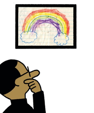 An illustration of a man studying a child’s drawing in a frame