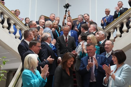 Nigel Farage is applauded during his visit to the Reform UK group at Kent county council in Maidstone this month.