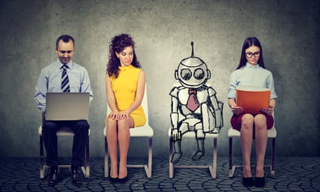 Cartoon robot sitting in line with applicants for a job interview