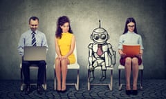Cartoon robot sitting in line with applicants for a job interview<br>K9BC6M Cartoon robot sitting in line with applicants for a job interview