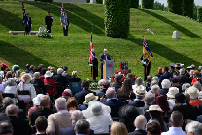 Boris Johnson addressing veterans and family members during a memorial event to mark the 40th anniversary of the Falklands War at the National Memorial Arboretum.