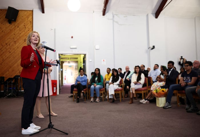 Liz Truss speaking at a campaign event in Leeds today.