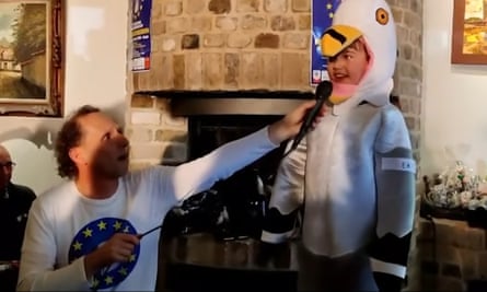 Dresses as a seagull and with the microphone near, Cooper Wallace screeches