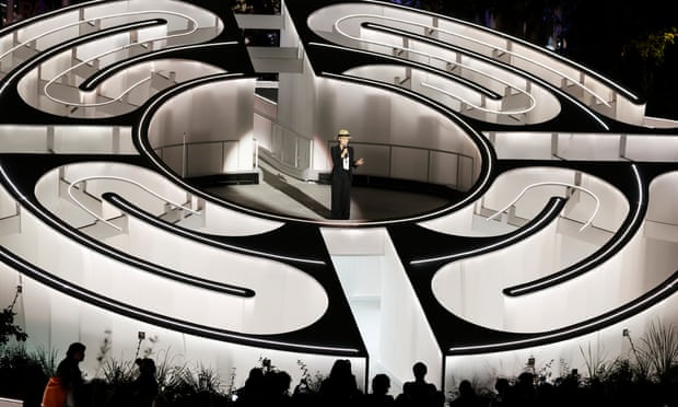 Symbiotic symmetry … Devlin speaking inside her mirrored maze installation for Chanel in Miami.